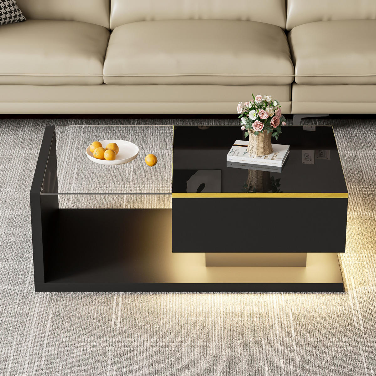 COUCHTISCH Schwarz mit verstellbarer LED und Glasplatte - Schwarz, Metall (90/50/32cm)