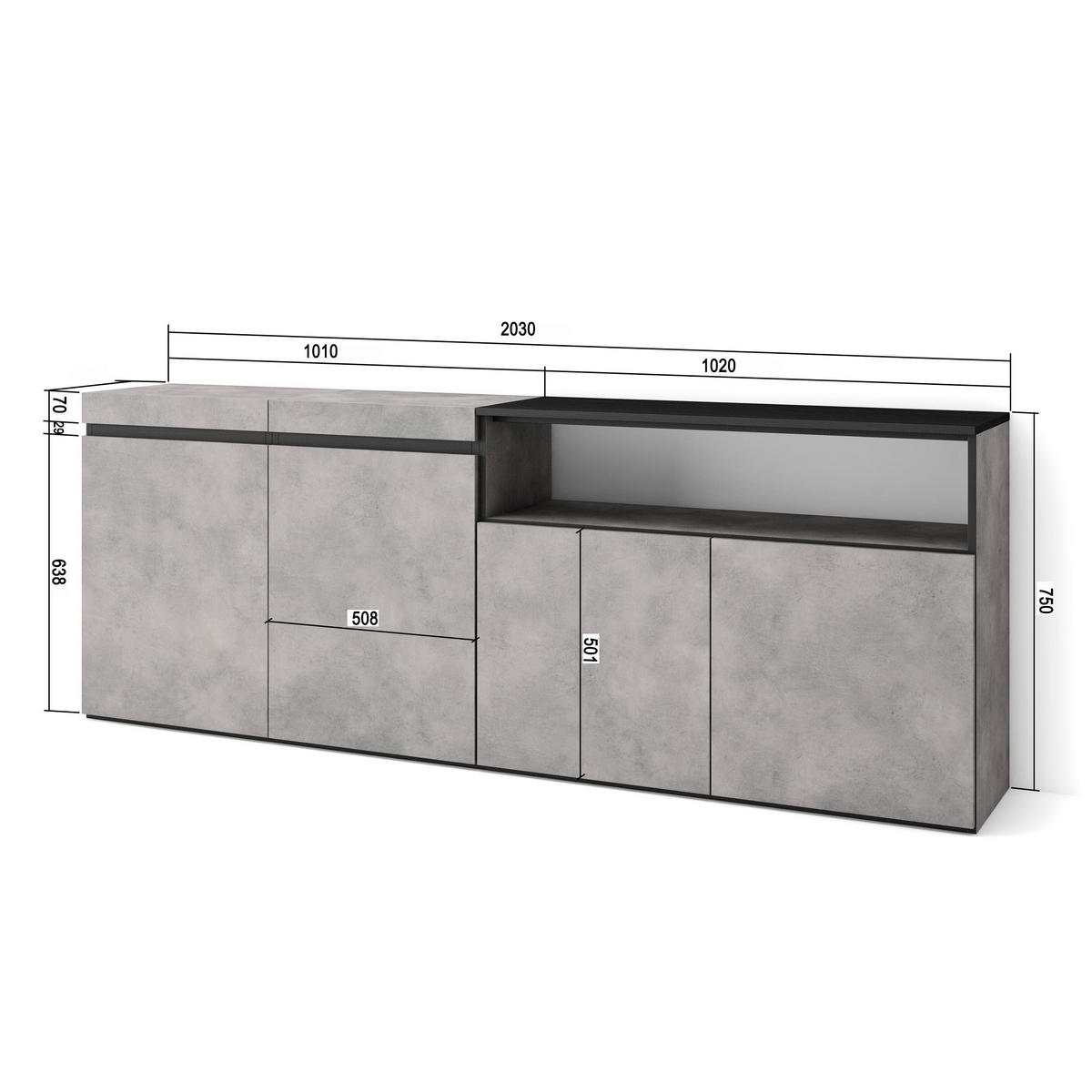 SIDEBOARD zementgrau, 200/35/75cm - Grau, Holzwerkstoff (200/75/35cm) - Skraut Home