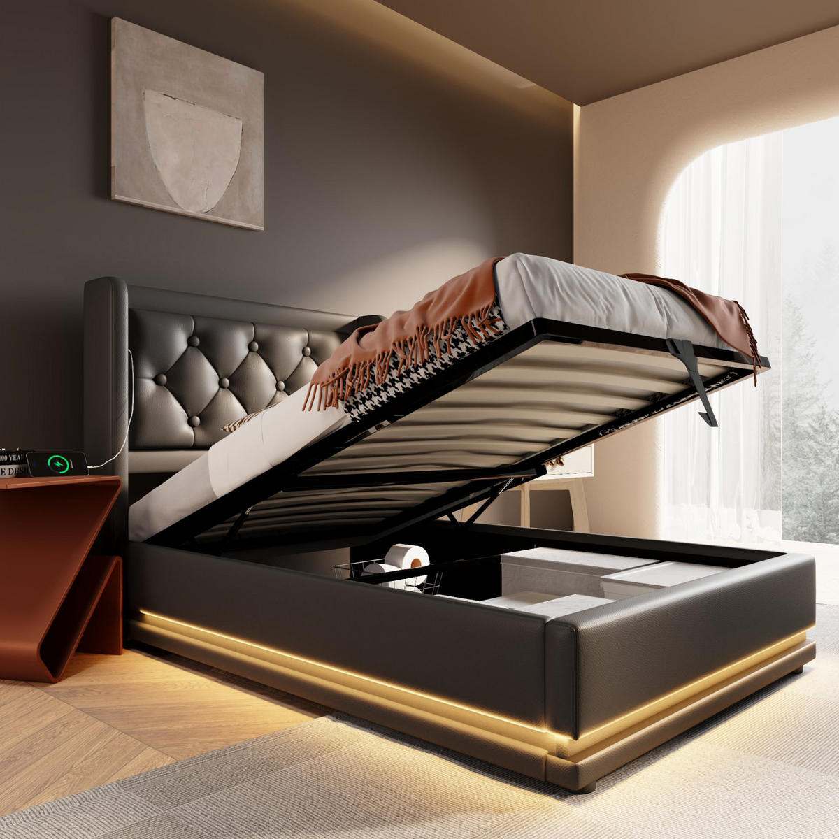 POLSTERBETT 90/200 cm Schwarz PU mit hydraulischem Stauraum und USB-Anschlüssen - Schwarz, Kunststoff (90/200cm) - OKWISH