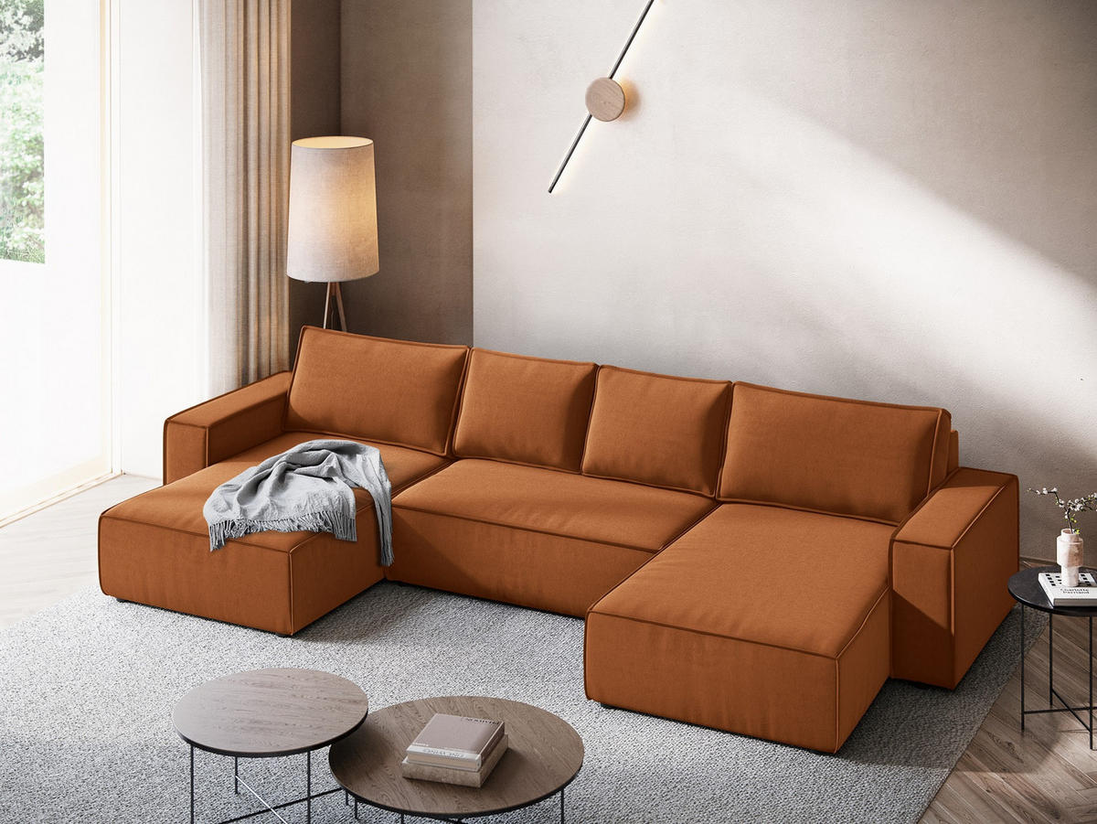 WOHNLANDSCHAFT Samt Stoff Orange - Terra cotta/Schwarz, Kunststoff/Textil (398/82/185cm) - Makamii