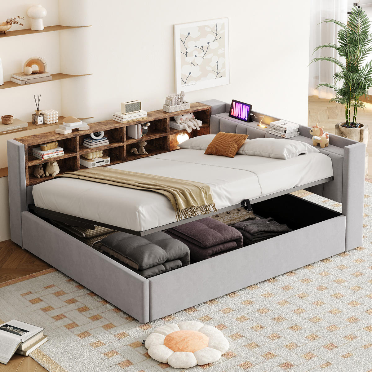 POLSTERBETT 140/200 cm aus Samt mit Stauraum, Nachtlicht und USB, Hellgrau - Hellgrau, Textil (140/200cm) - OKMYHOME