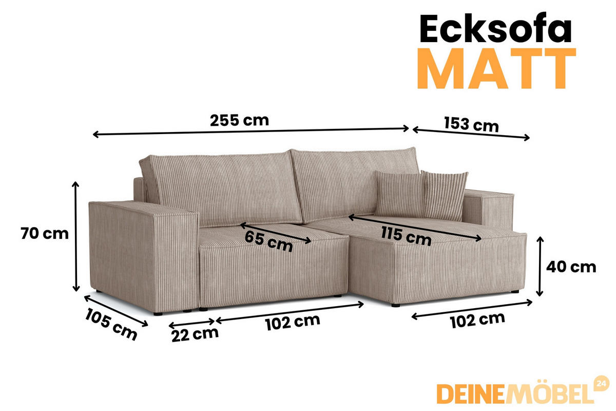 ECKSOFA MATT 255/153 cm links in Cord Beige - Beige/Schwarz, Holz/Holzwerkstoff (255/153cm) - Deine Möbel 24