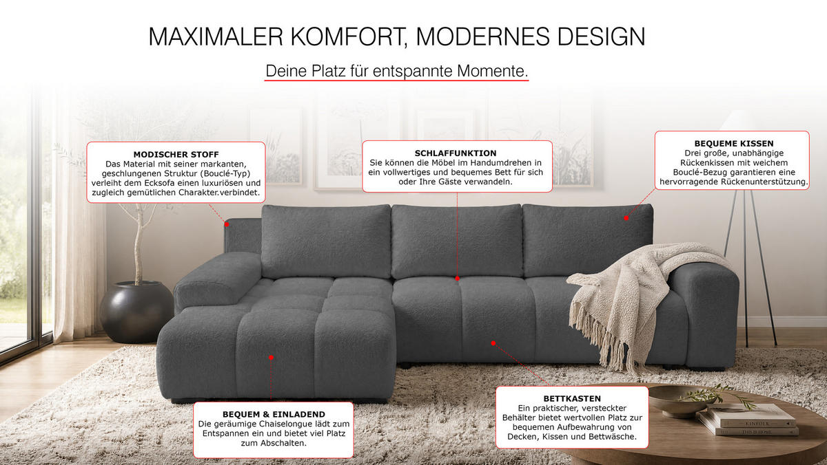 ECKSOFA Ovia mit Bettkasten und Schlaffunktion, Bouclé-Stoff in L-Form - Dunkelgrau, Textil (270/185cm)