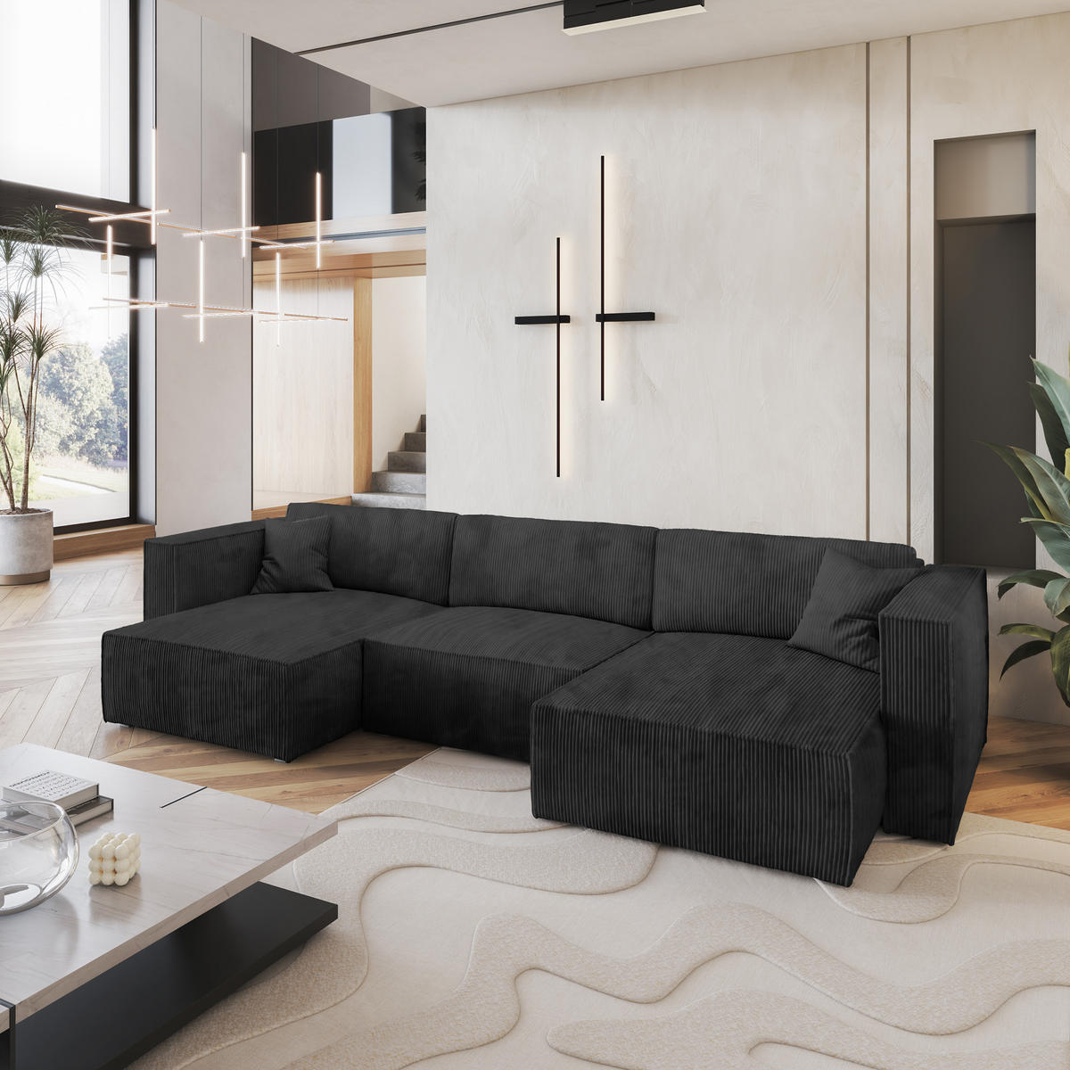 WOHNLANDSCHAFT SARMO P Schwarz Kordstoff mit Schlaffunktion - Schwarz, Holz (347/70/148cm) - MASSENO