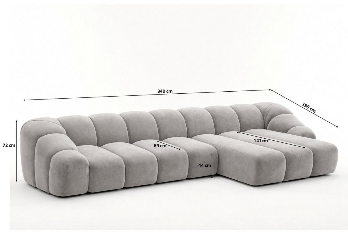 ECKSOFA Modulare L-Form, Veloursstoff Bluvel, Grau, Rechts, CROISSANT XL - Grau, Holz (340/190cm) - Kaiser Möbel