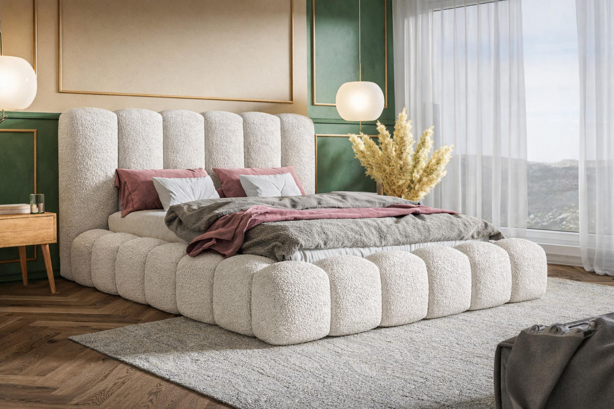 POLSTERBETT 160x200 Madeno mit Bettkasten, Boucle, Creme - Creme, Holz/Textil (160/200cm) - Emporius