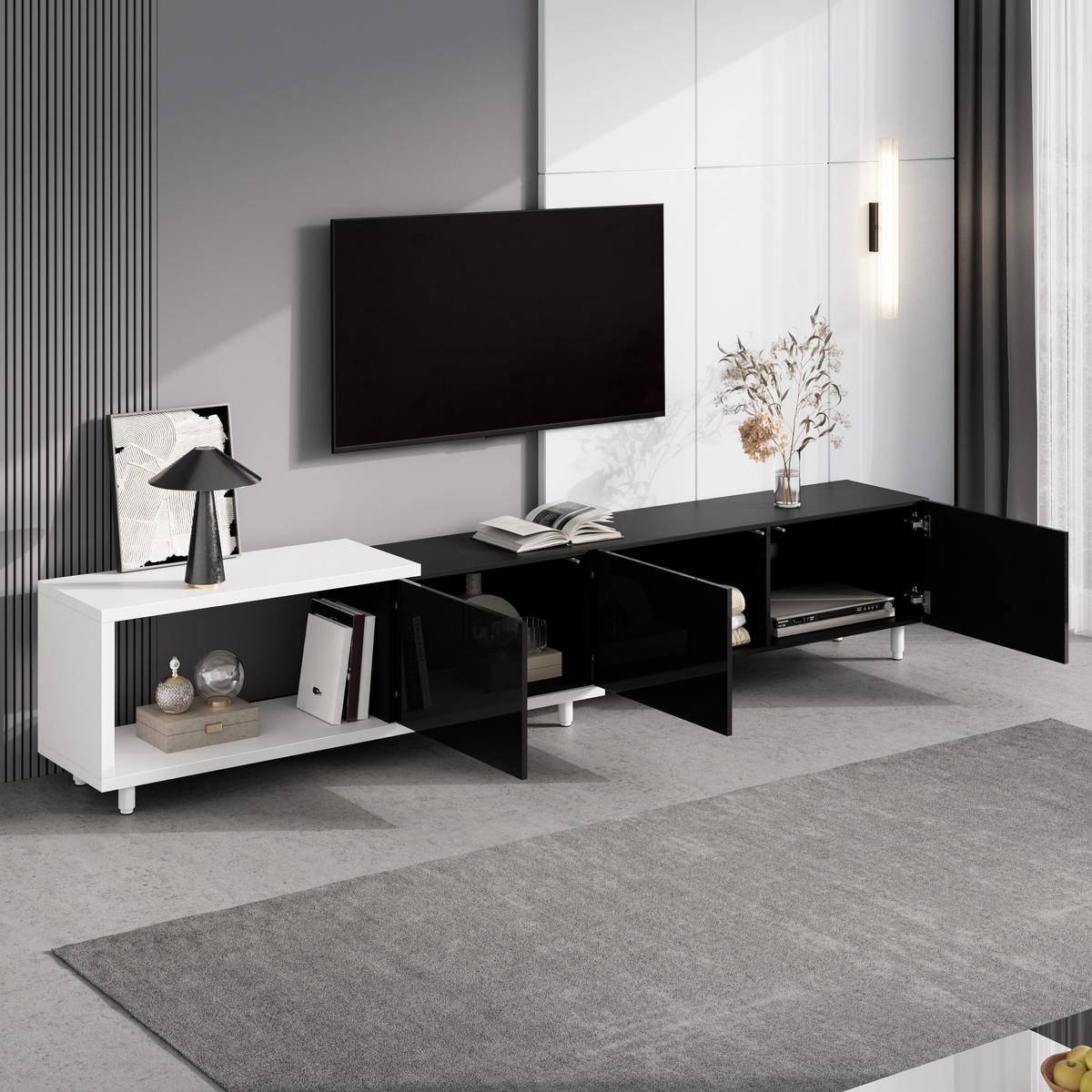 TV-SCHRANK ausziehbar 3 Türen Hochglanz Metallfüße modern - Multicolor, Holzwerkstoff (38/48.5/258cm) - FLIEKS