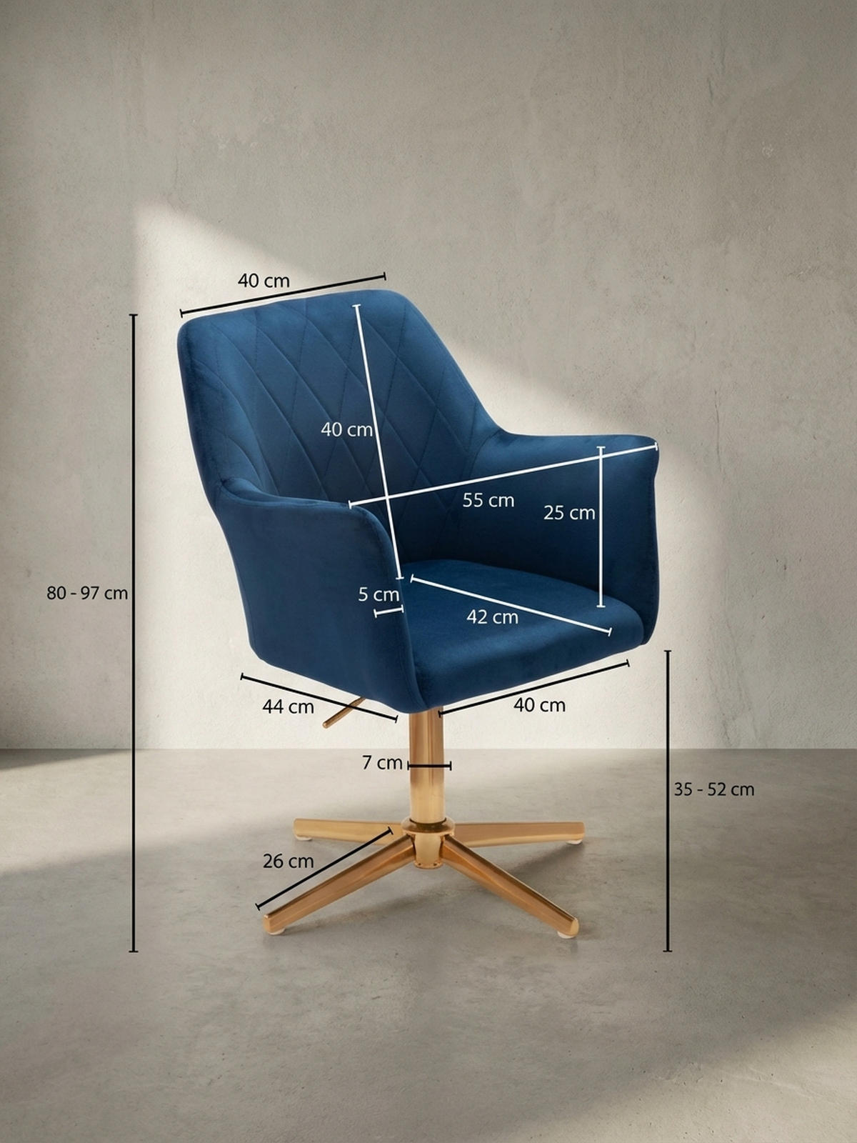 DREHSTUHL Samt mit Armlehnen Eisengestell 360° Funktion, Blau 97x55x55 cm - Blau/Goldfarben, Textil/Metall (97/55/55cm) - KADIMA DESIGN