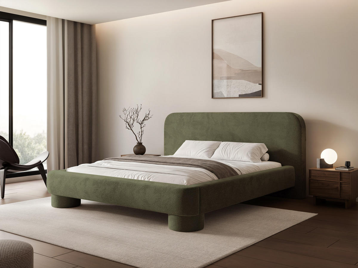 POLSTERBETT Frederico 140x200 cm Moosgrün Chenille – (Doppelbett mit Bettkasten, Lattenrost, rundes Kopfteil) - Waldgrün, Holz/Holzwerkstoff (140/200cm) - Ravio