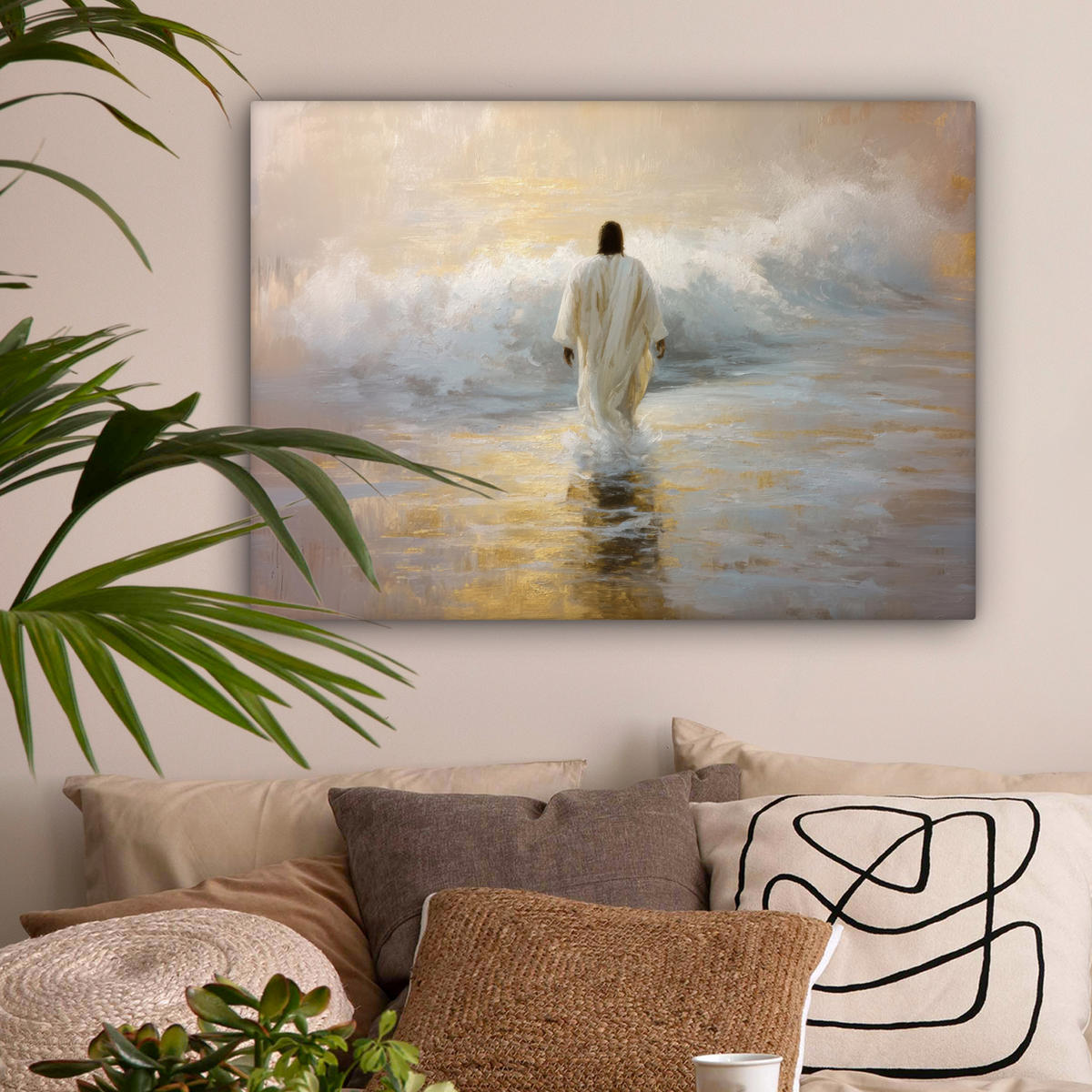 LEINWANDBILD Gemälde - Welle - Jesus - Abstrakt Wandbilder 80x60 cm - Goldfarben, Textil (80/60cm) - MuchoWow