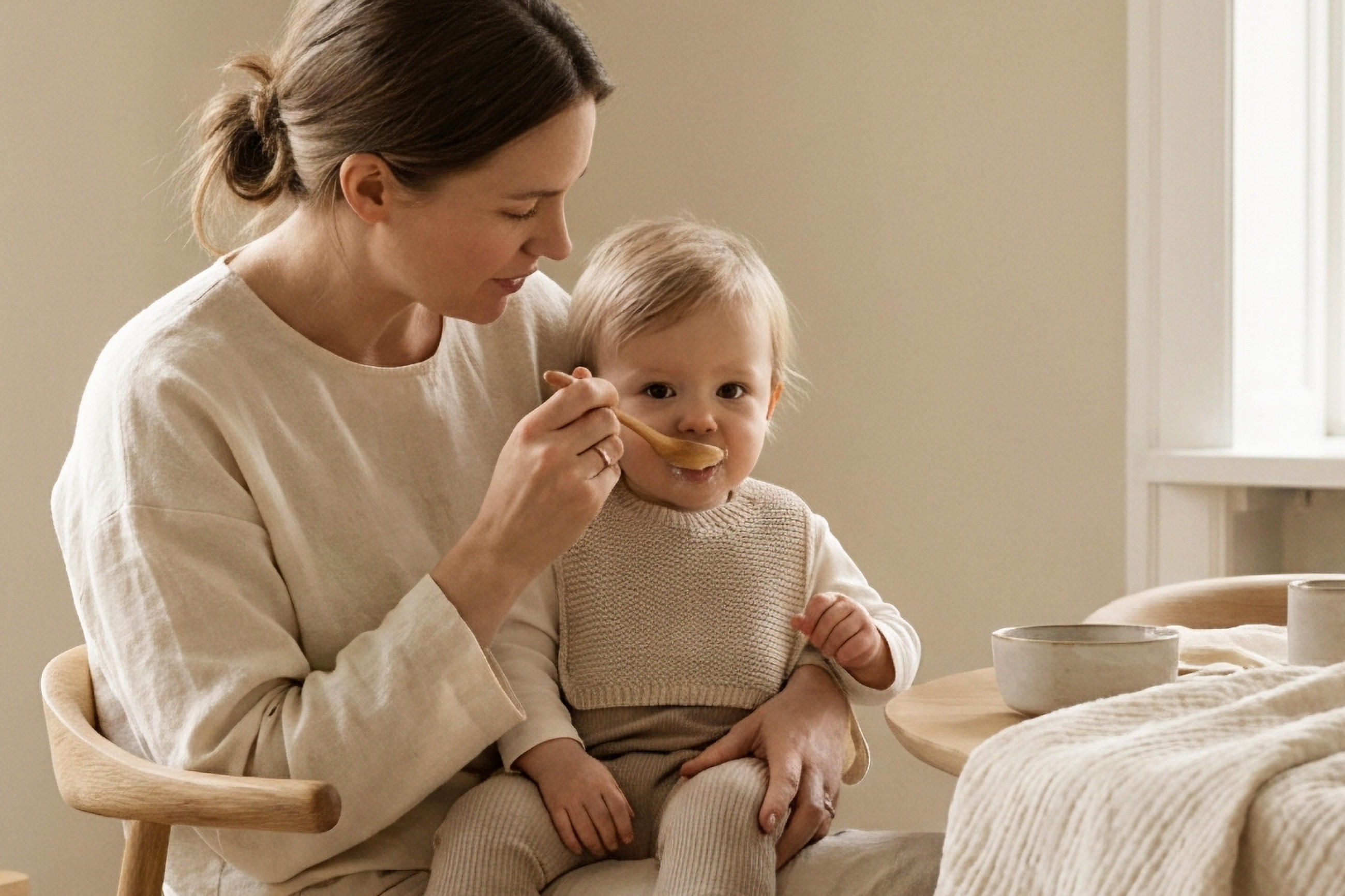 Frau füttert sitzendes Kleinkind in einem hellen Esszimmer.