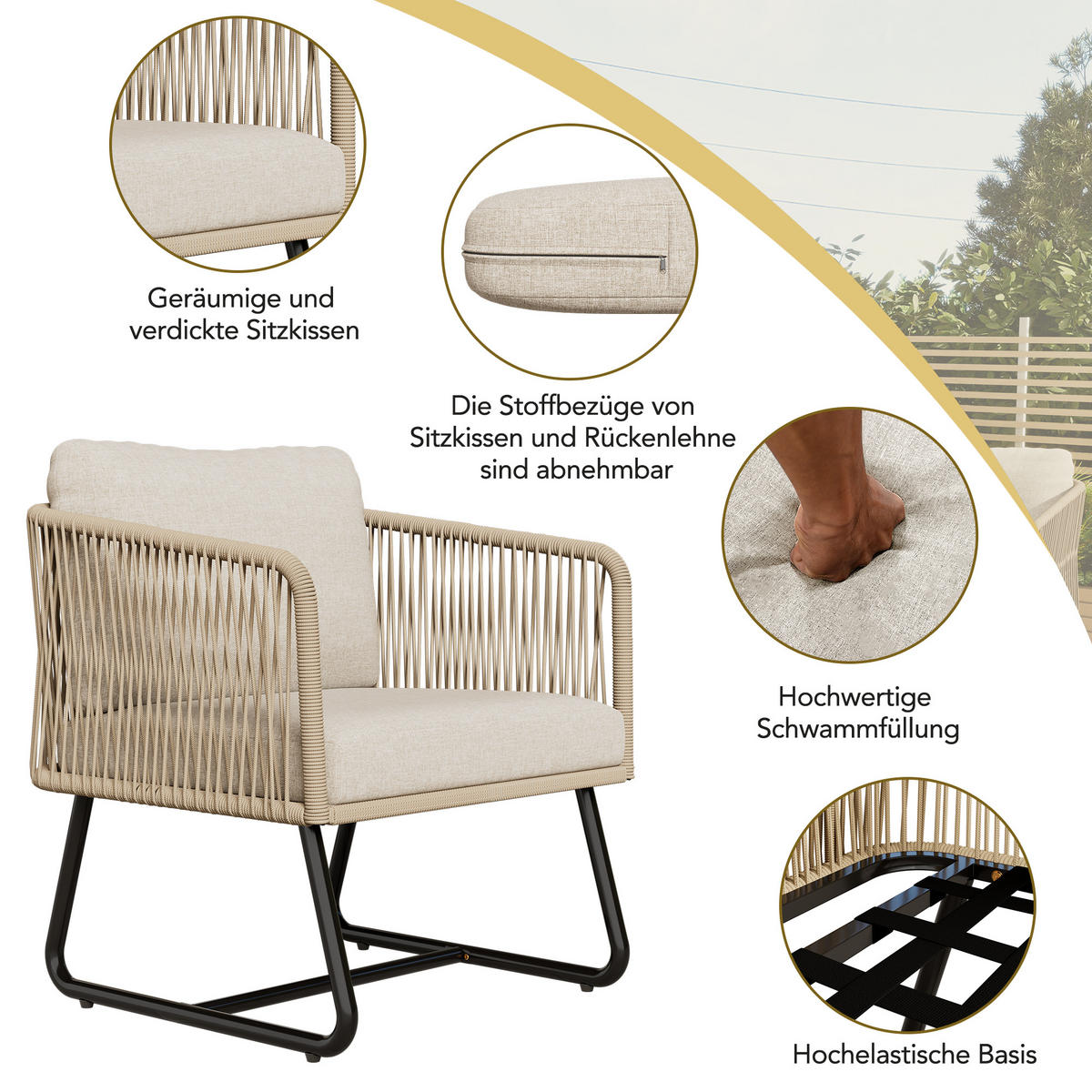 LOUNGESET 5er Seil Beige Mit Verstellbaren Füßen & Glastisch - Beige, Metall - FLIEKS