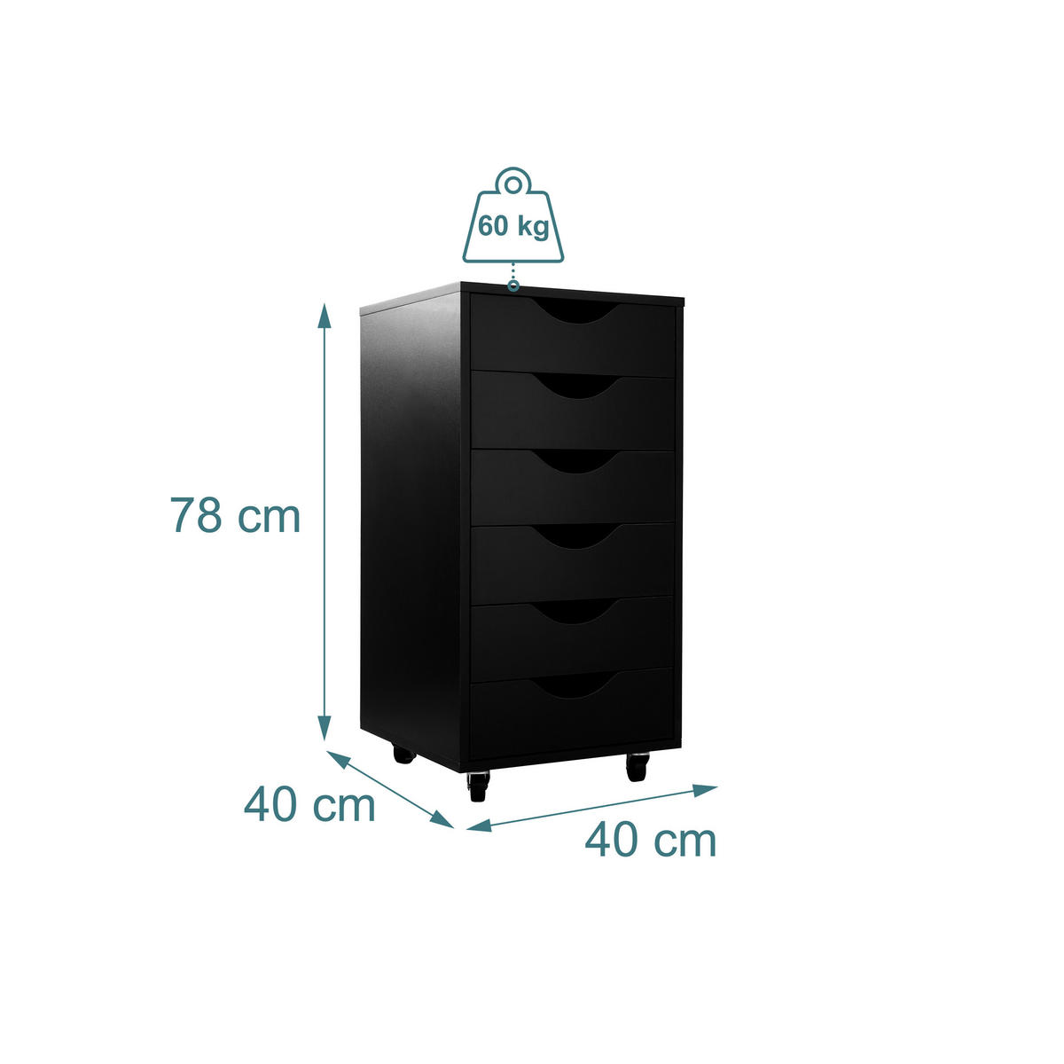 ROLLCONTAINER Schwarz 6 Schubladen MDF 78 cm - Schwarz, Holzwerkstoff/Kunststoff (40/78/40cm) - Relaxdays