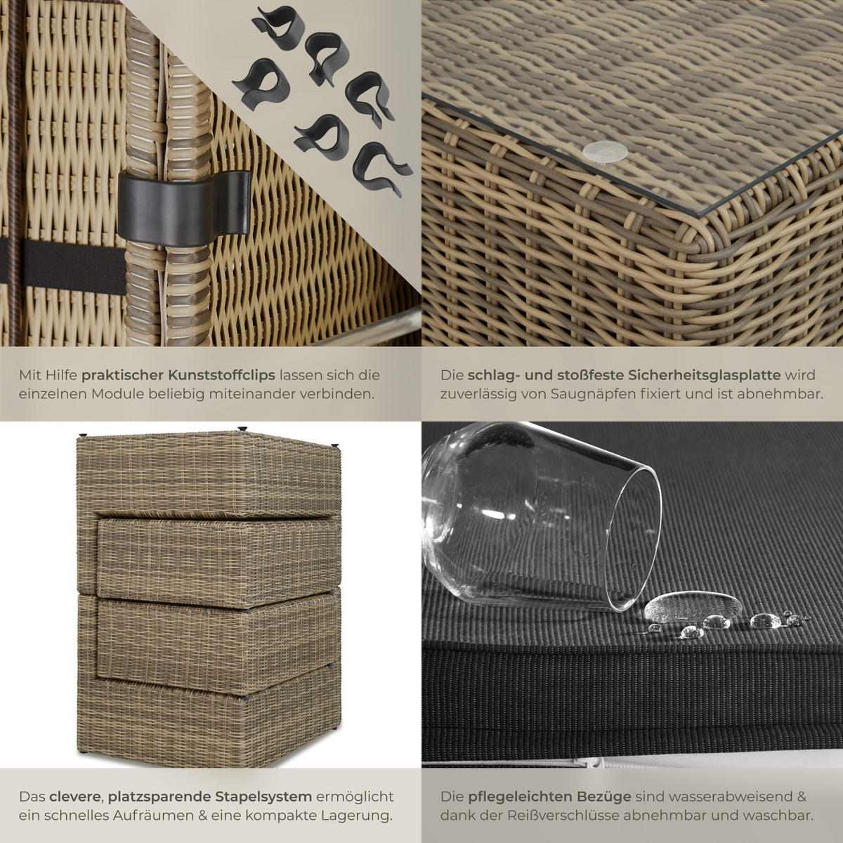 RATTANLOUNGE San Domino,mit Sicherheitsglasplatte,natur - Naturfarben, Kunststoff (72/63cm) - tectake