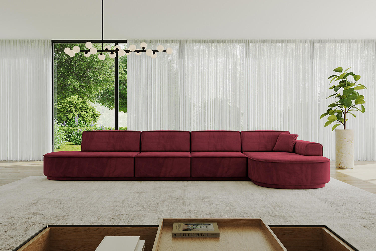 ECKSOFA Ottomane Rechts MARI-L3-v3 - 413x171x83 cm Bordeaux Velours - Bordeaux/Schwarz, Holzwerkstoff/Kunststoff (171/413cm) - ALTDECOR