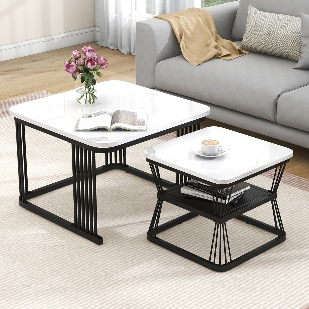 COUCHTISCH 65/45 cm weiß aus MDF in Marmoroptik mit Stahlgestell - Weiß, Holzwerkstoff (65/65/45cm) - OKMYHOME