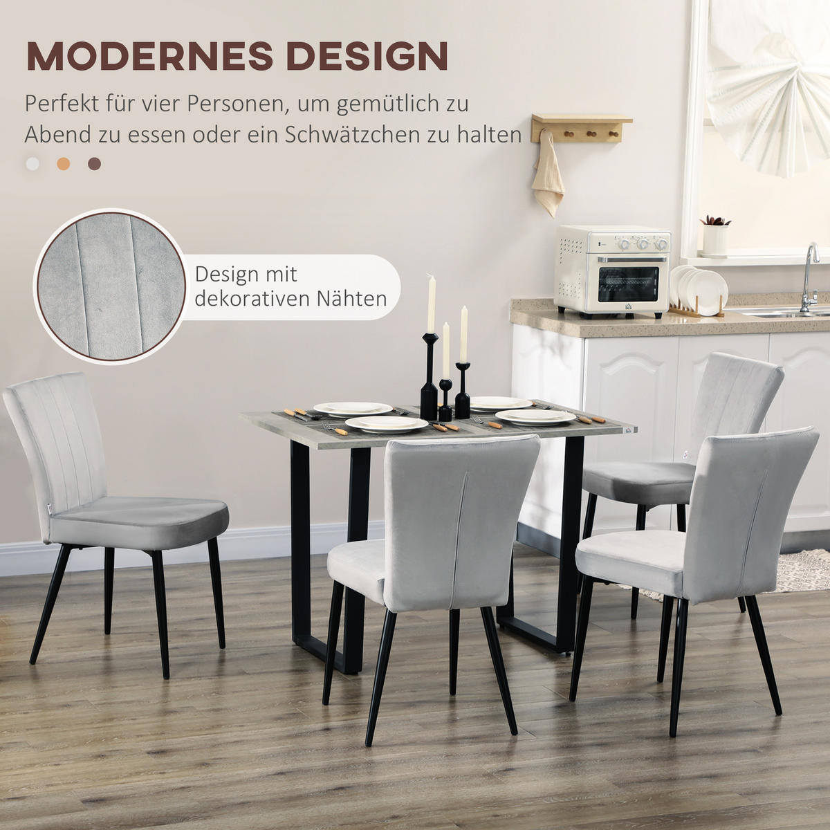 ESSZIMMERSTUHL, 4er-Set Küchenstühle, Essstuhl mit Rückenlehne, Samtoptik Grau - Grau, Kunststoff (65/87/46cm) - HOMCOM