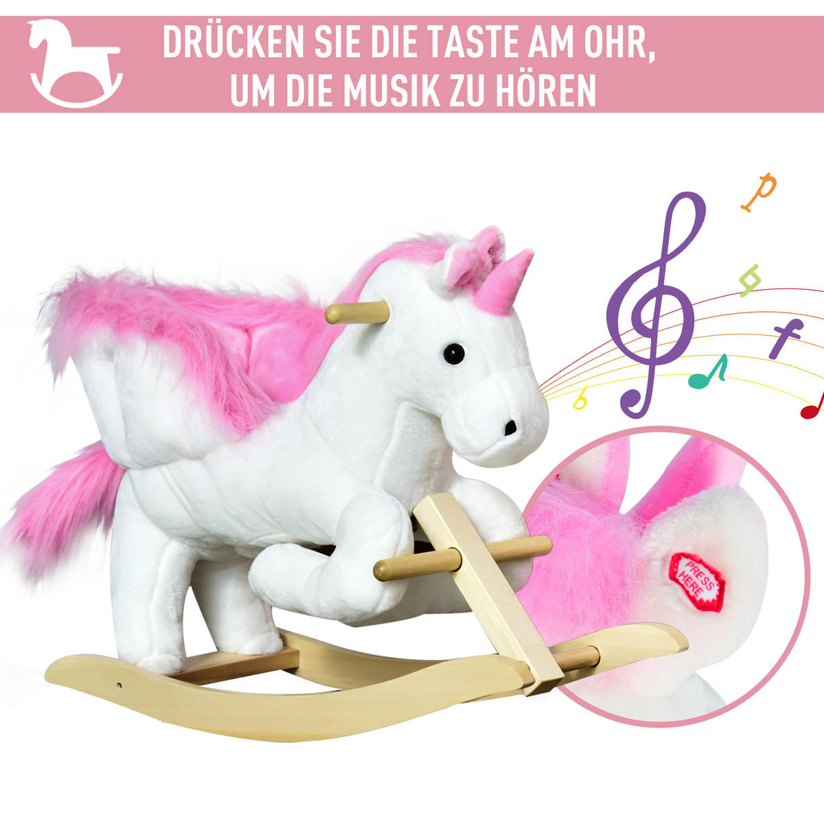 KINDER SCHAUKELTIER, Rosa+Weiß, Plüsch+ Holz - Rosa, Holz (32/55/65cm) - HOMCOM