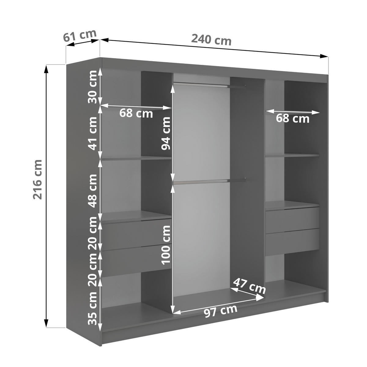 SCHWEBETÜRENSCHRANK mit Schubladen 240 - VERONA - Grau mit Spiegel - Alufarben/Grau, Holzwerkstoff/Metall (240/216/61cm) - MKS