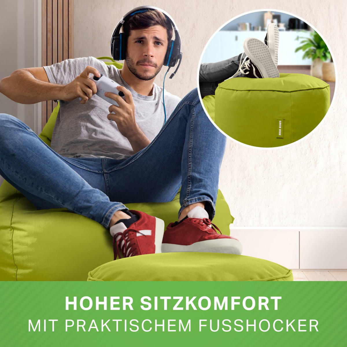 SITZSACK + Hocker "Cozy+Stay" 2er Set - Grün, Textil (70/90/80cm) - Green Bean