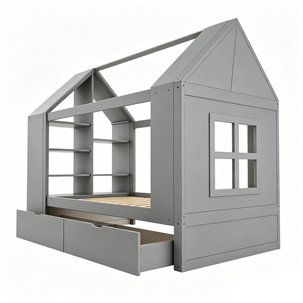 KINDERBETT 90x200 Hausdesign LED Schubladen Grau - Grau, Holz (90/200cm) - FLIEKS