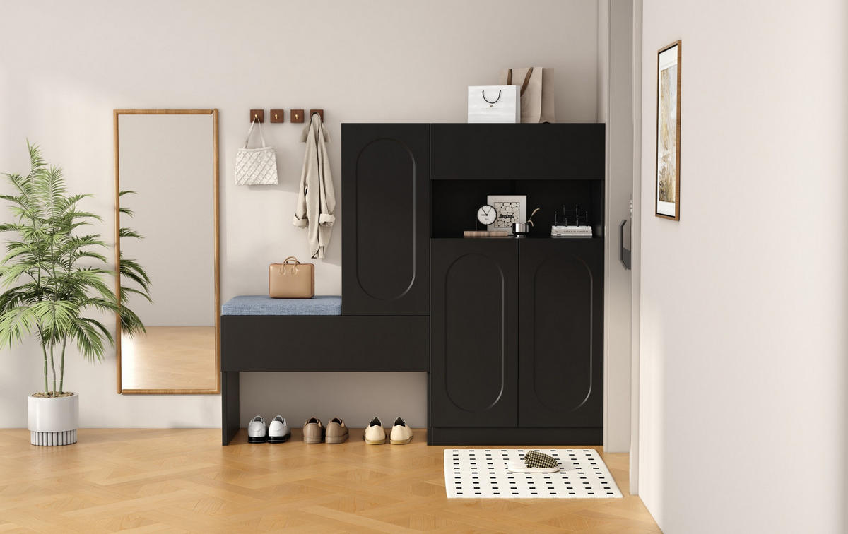 SCHUHSCHRANK 130/110/35 cm Schwarz aus Spanplatte mit Sitzbank - Schwarz, Holzwerkstoff (130/110/35cm) - OKMYHOME