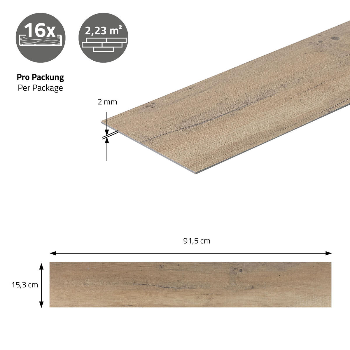 PVC BODENBELAG selbstklebend 2,23m²/16 Dielen Vinylboden Holzoptik Eiche Rustikal Hell - Eichefarben, Kunststoff (91.5/15.3/0.2cm) - ML-DESIGN