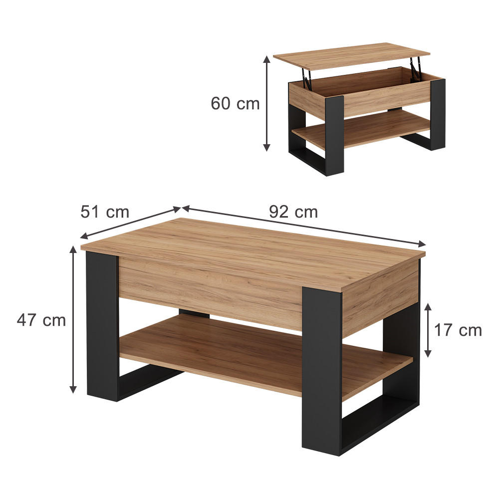COUCHTISCH Lifto Eiche/Anthrazit 92 x 51 cm mit Liftfunktion - Anthrazit/Grau, Holzwerkstoff (51/92/47cm) - Vicco
