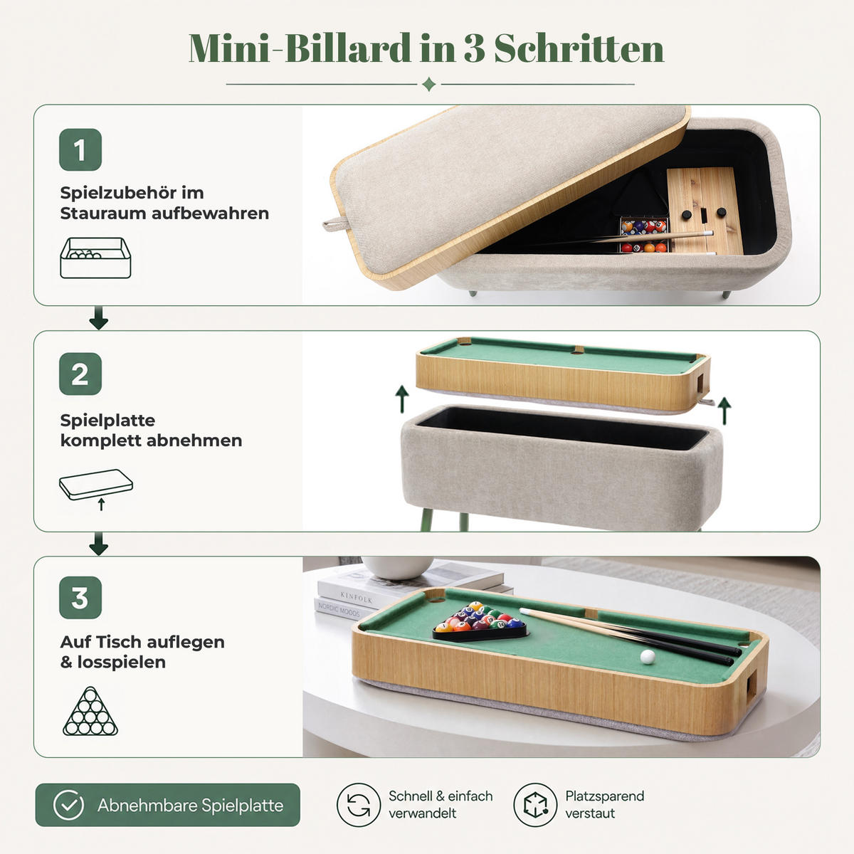 SITZBANK mit Stauraum, Polsterbank mit Mini-Billard, Beige - Grau, Holzwerkstoff (35.5/47/77.5cm) - Hometopia