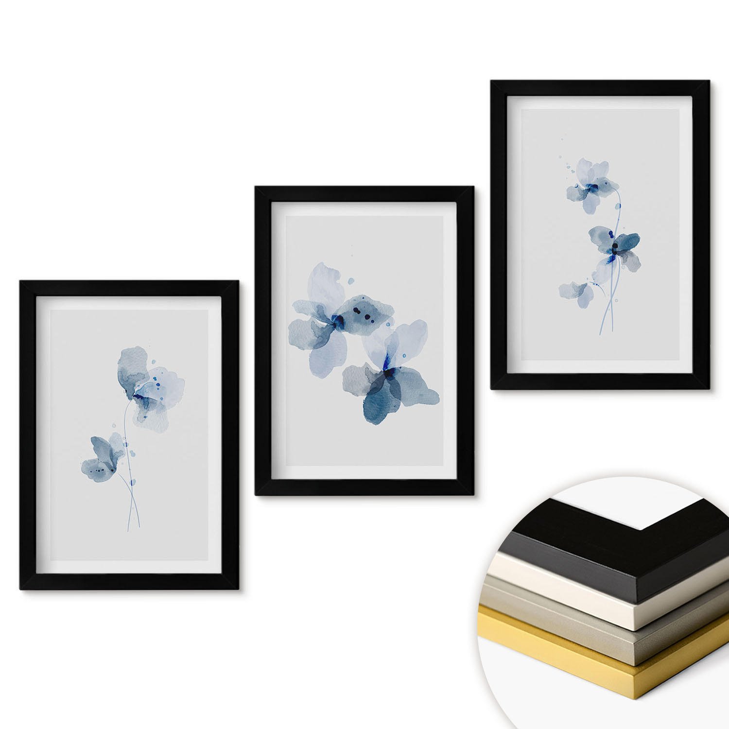WANDBILDER 3er-Set - 20x30 cm Schwarzer Rahmen - Blaue Blumen - Schwarz, Kunststoff (20/30cm) - ArtPrintCave