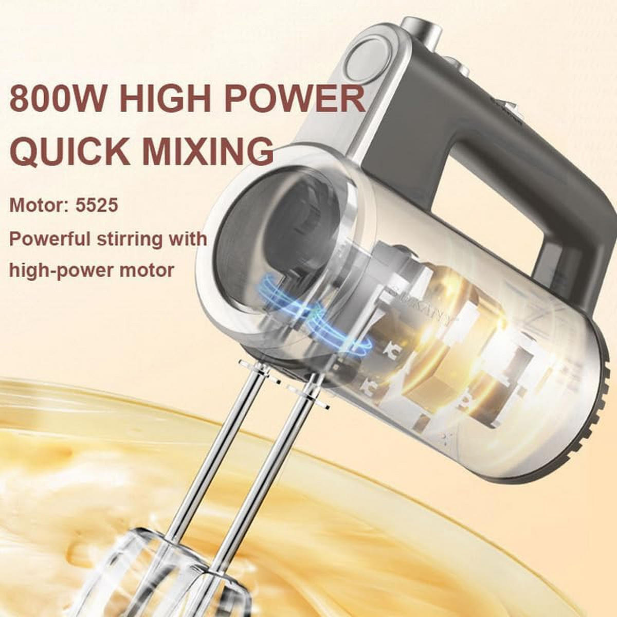 MIXER SOK-019 Silber Edelstahl, Handmixer 800W, 5 Geschwindigkeiten, Turbo - Silbereichenfarben, Metall (8/19/16cm) - SOKANY
