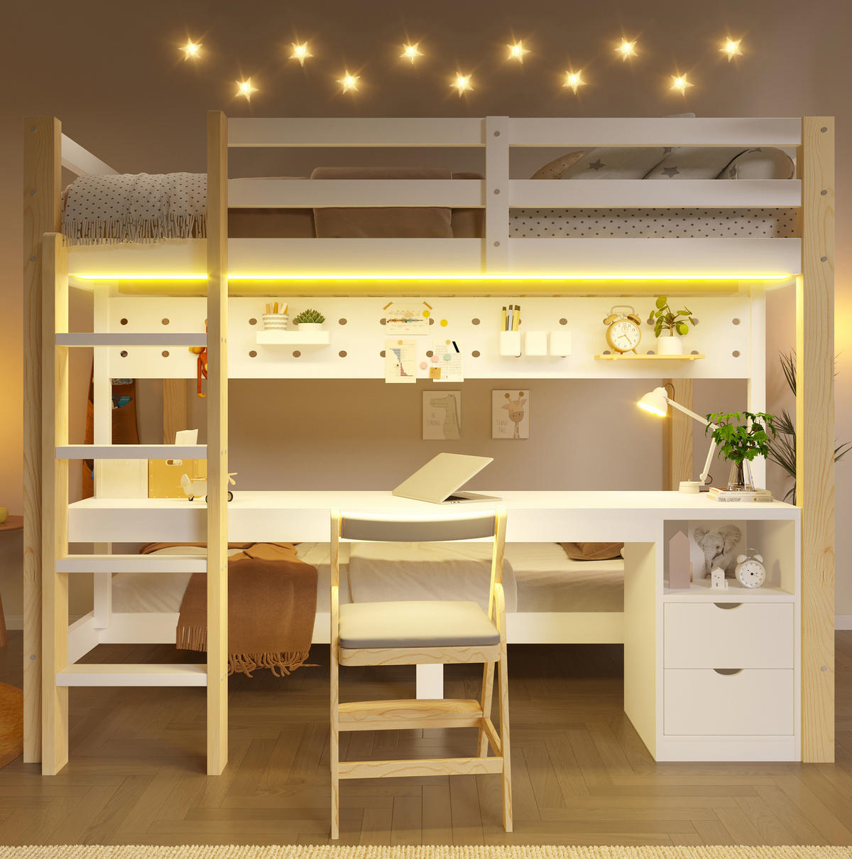 HOCHBETT 140/200 cm aus Kiefernholz mit Schreibtisch, Natur/Weiß - Naturfarben, Holz (140/200cm) - OKMYHOME