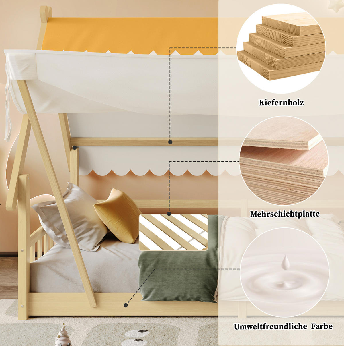 KINDERBETT 90/200 cm in Hausform mit Zelt und Sicherheitsgeländer - Weiß, Holz (90/200cm) - BEAOK