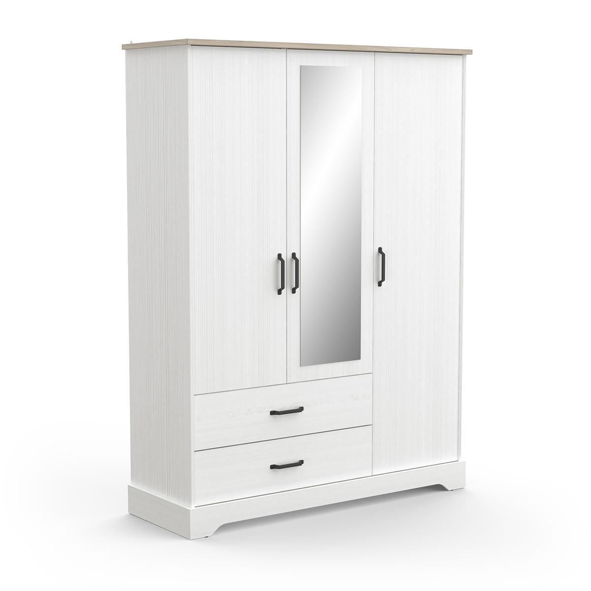 KLEIDERSCHRANK mit 3 Türen, 1 Spiegel und 2 Schubladen Cottage - H199,60 cm - Weiß, Holzwerkstoff (57.1/199.6/148.6cm) - Calicosy