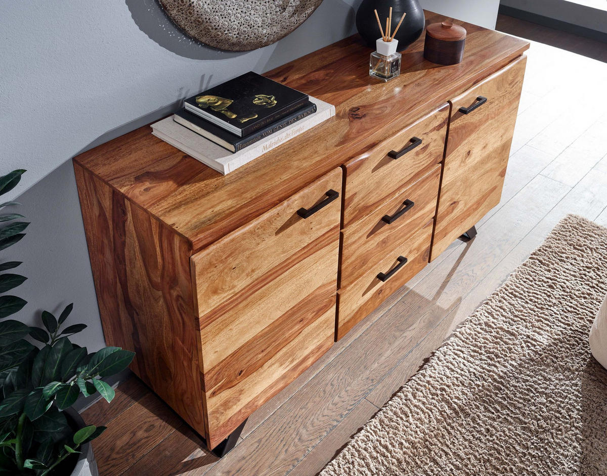 SIDEBOARD – Massivholz, 145x82x45 cm, mit Baumkante, Metallgestell - Schwarz/Braun, Holz/Metall (145/82/45cm) - KADIMA DESIGN