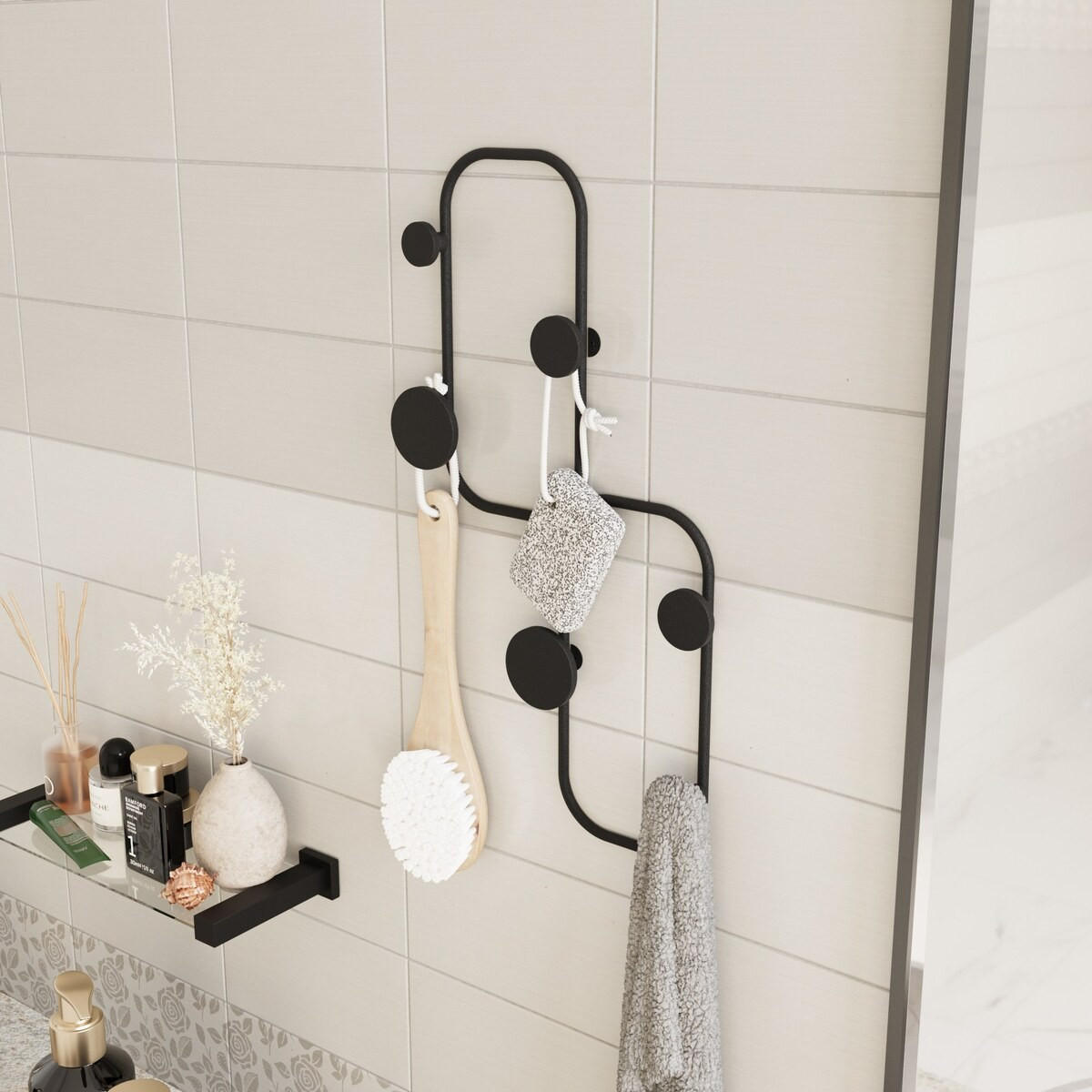 WANDGARDEROBE mit 5 Haken aus schwarzem Metall 26/5/48 cm - Schwarz, Metall (5/48/7cm) - Calicosy