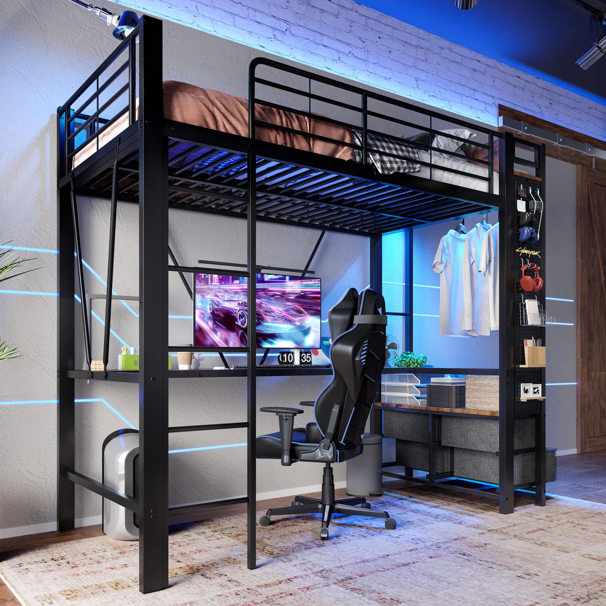 HOCHBETT 90/200 cm Schwarz mit Schreibtisch und LED-Beleuchtung - Schwarz, Metall (90/200cm) - OKWISH