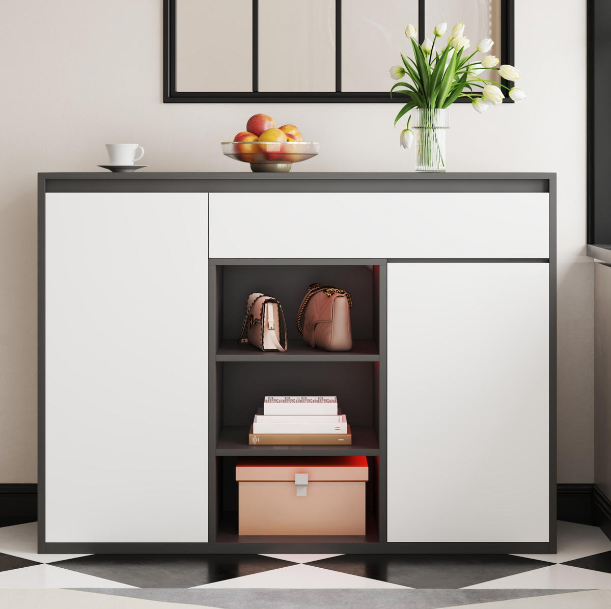 SCHUHSCHRANK 105/39,5/86 cm mit LED-Beleuchtung, verstellbaren Böden und Schubladenfach, Schwarz-Weiß - Schwarz, Holzwerkstoff (105/86/39.5cm) - Redom
