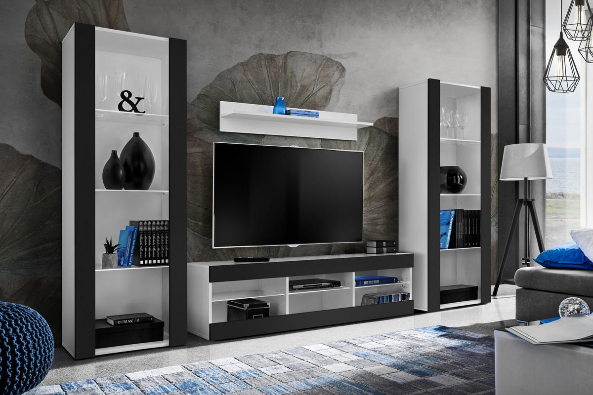 WOHNZIMMERSET TIVOLI GRANDE, 4er-Set, Schwarz - Schwarz/Weiß, Glas/Holzwerkstoff (250/159/35cm) - Komodee