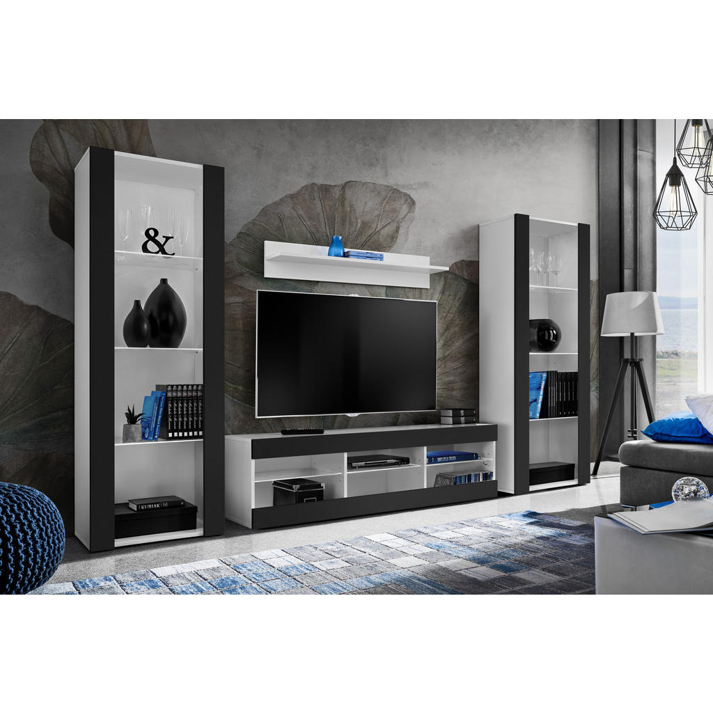 Thumbnail - Komodee Wohnzimmerset, Weiß, Schwarz, Holzwerkstoff, 9 Fächer, Rechteckig, 250x159x35 cm, Wohnzimmer, Wohnwände, Anbauwä...