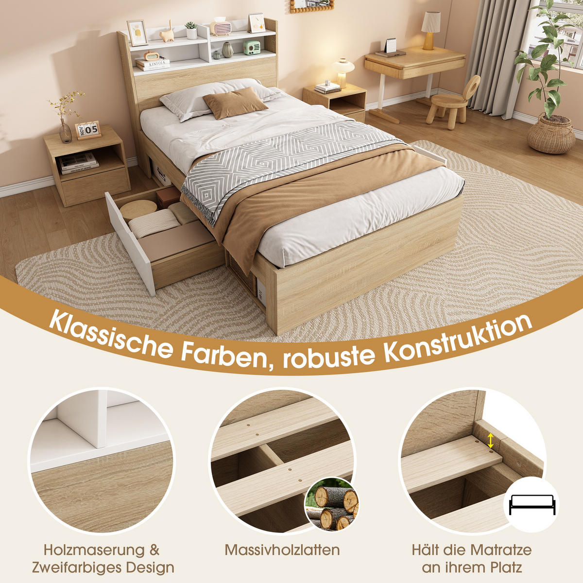 POLSTERBETT 90x200 cm in Weiß mit Schubladen & Ablagefächern - Weiß, Holzwerkstoff (90/200cm) - Modfu