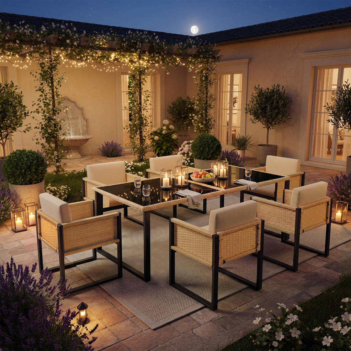 GARTENMÖBELSET Polyrattan 6 Personen Esstisch Stühle waschbar - Multicolor, Textil - FLIEKS