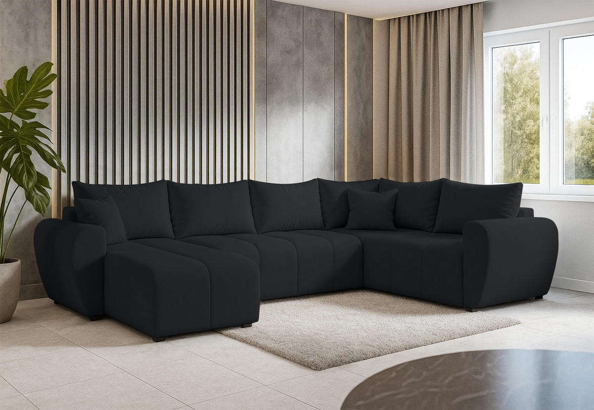 WOHNLANDSCHAFT Malatya U Form MAX Schwarz 311/145/82 cm mit Schlaffunktion - Schwarz, Kunststoff/Textil (208/82/303cm) - AX Living