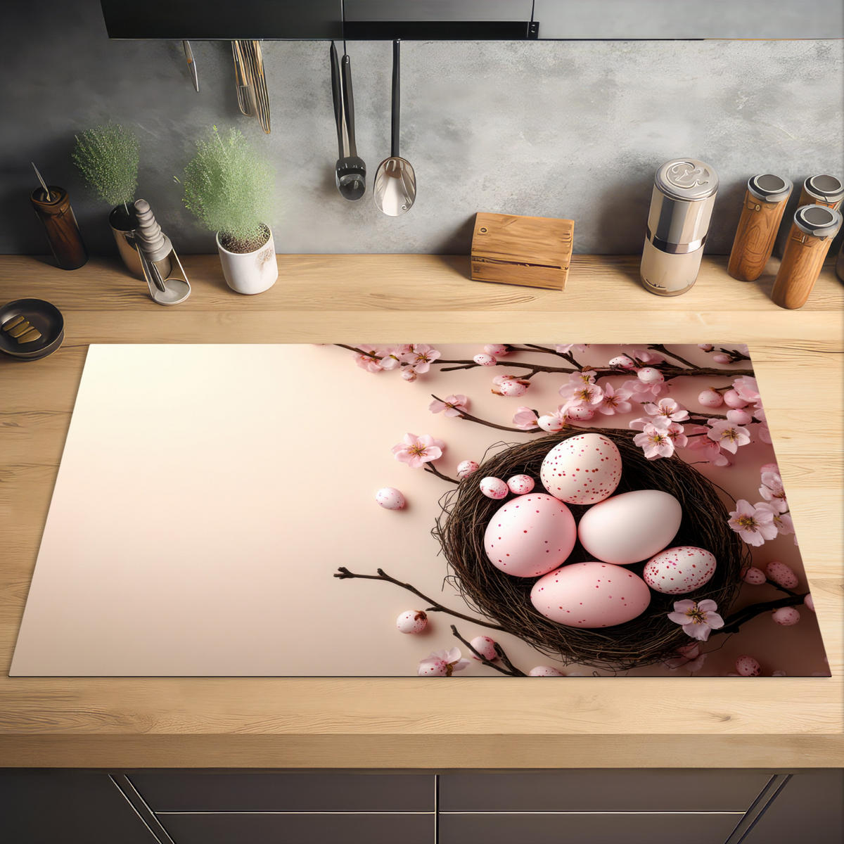 HERDABDECKPLATTE Rosa - Blüten - Eier Induktionsschutz 91.2x52 cm - Hellrosa, Kunststoff (91.2/52/0.2cm) - MuchoWow