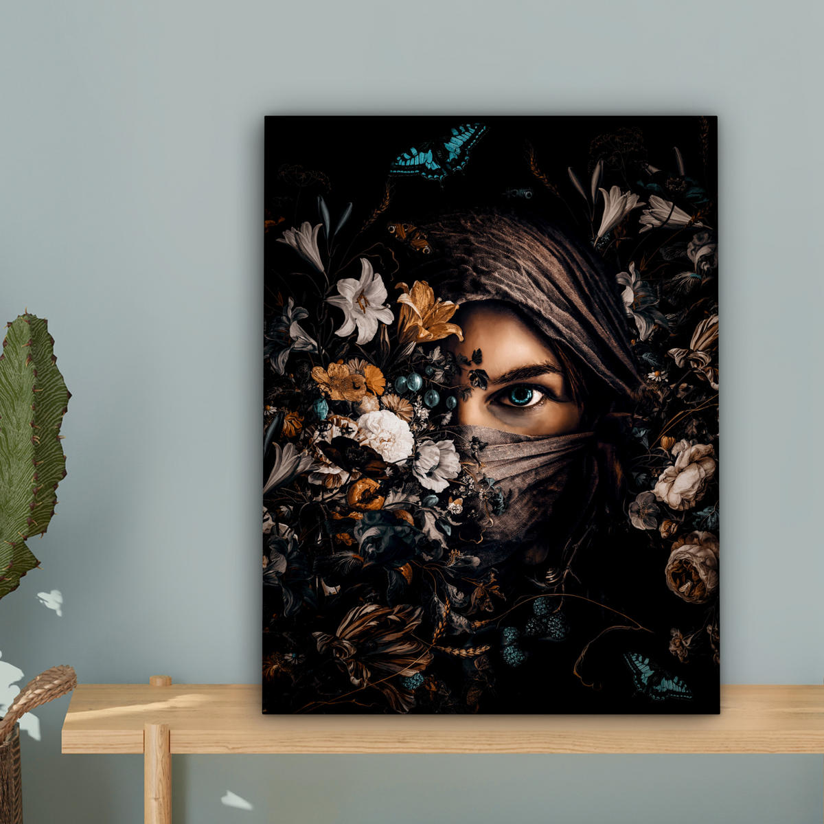 LEINWANDBILD Frau - Luxus - Blumen - Schmetterling - Porträt 30x40 cm - Schwarz, Textil (30/40cm) - MuchoWow