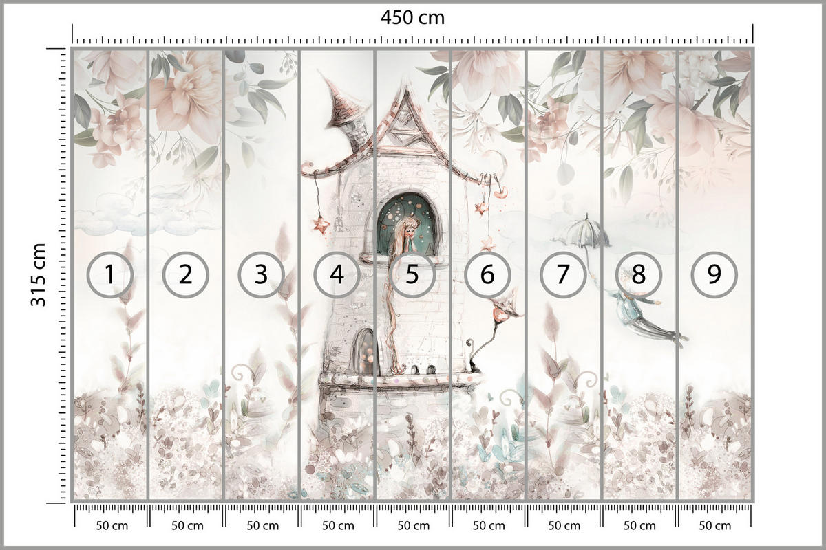 FOTOTAPETE für Kinderzimmer Prinzessin Turm Blumen Pflanzen 450x315 - Multicolor, Papier (450/315cm) - Muralo