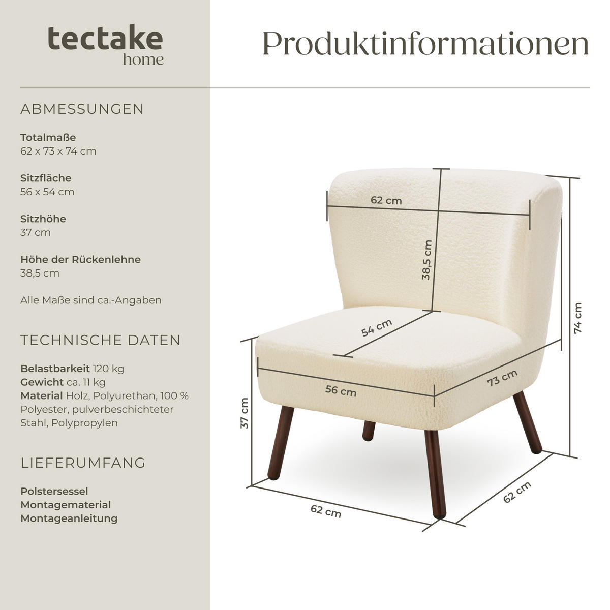 COCKTAILSESSEL Teddy Robina,62 x 73 x 74,weiß - Weiß, Kunststoff (62/74/73cm) - tectake
