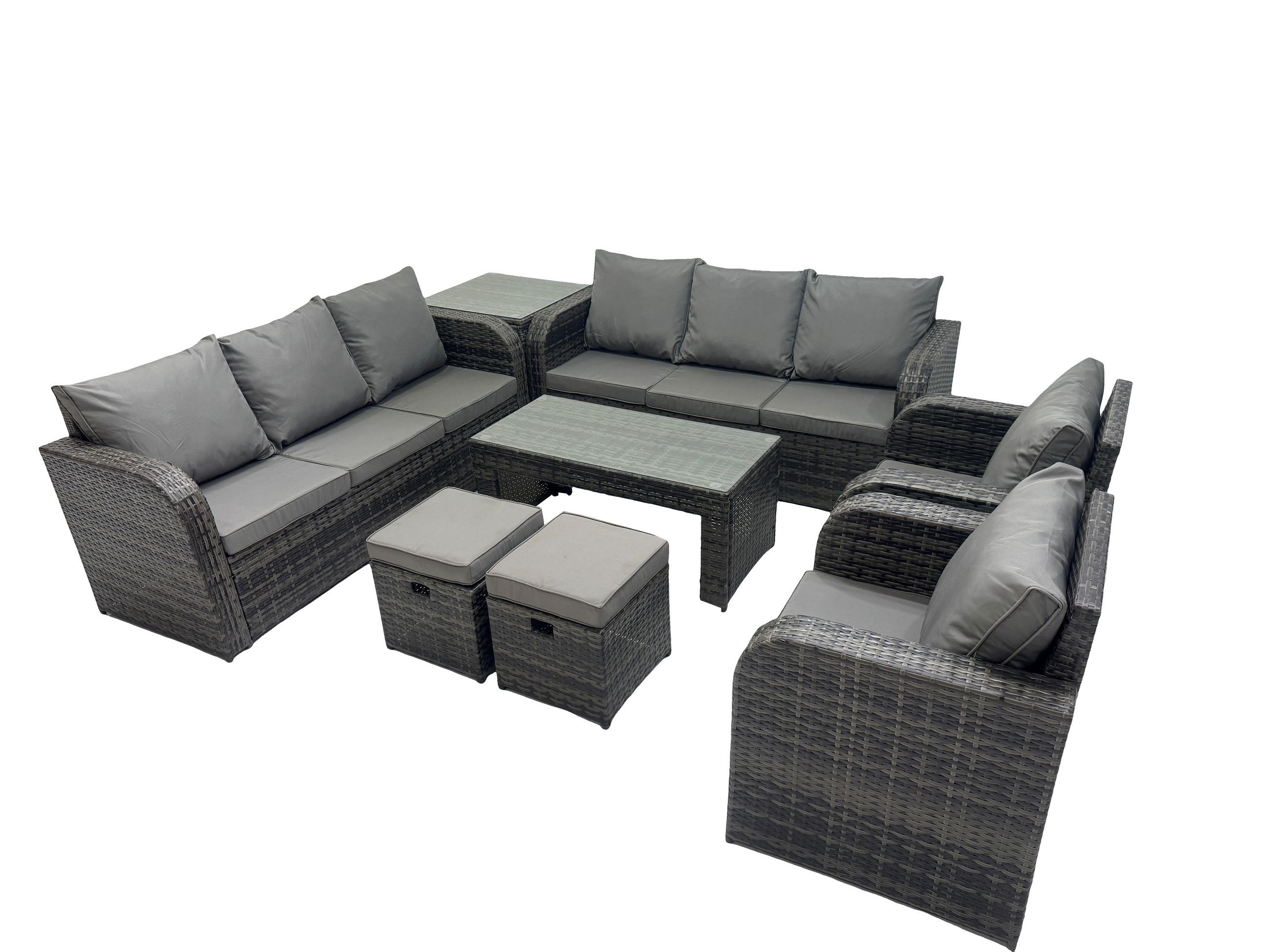 GARTENSOFA SET mit rechteckigem COUCHTISCH Polyrattan 10-Sitzer Dunkelgrau - Dunkelgrau/Grau, Glas/Kunststoff - Fimous