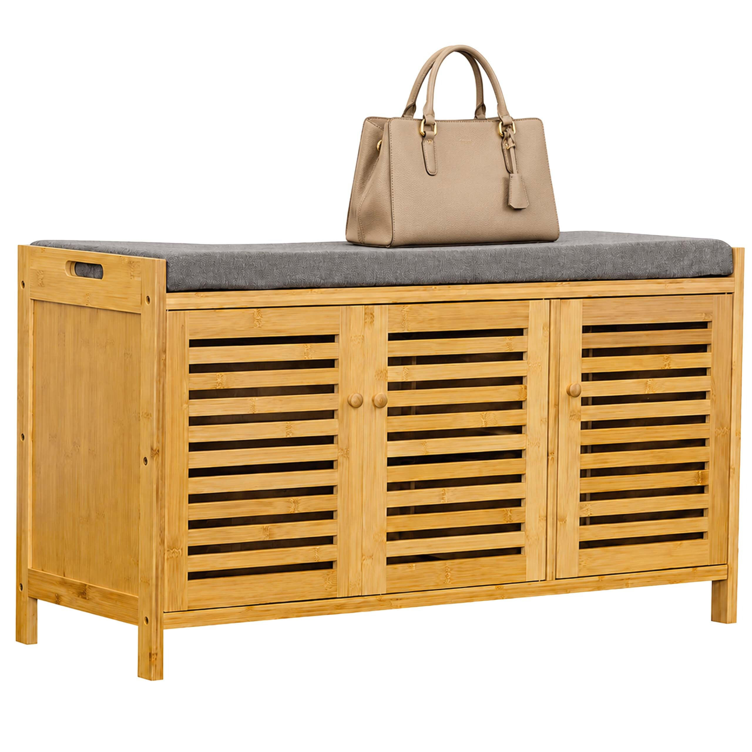 LAVICE Přírodní šedá bambus na boty polstrované sedadlo 50 cm - světle hnědá, dřevo/textil (90/50/35cm) - Relaxdays