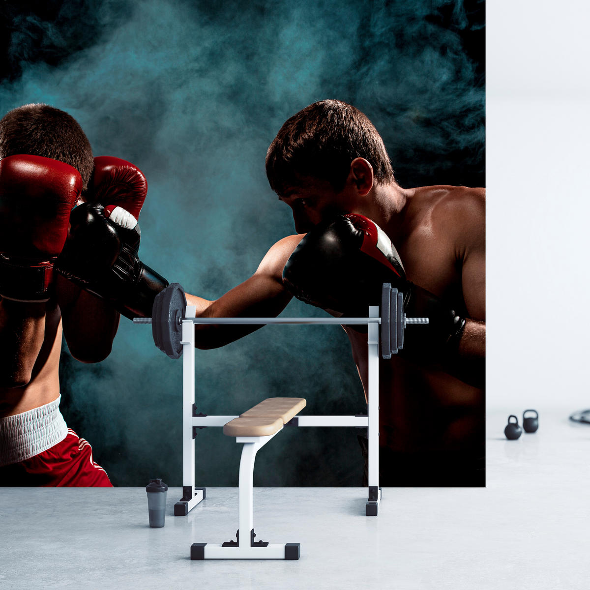 FOTOTAPETE für Jugendzimmer Boxer Männer Training Kampf Rauch 450x315 - Beige/Rot, Papier (450/315cm) - Muralo